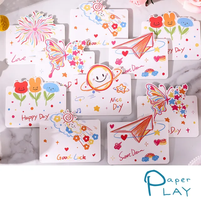 【Paper Play】萬用卡片-繽紛彩色簡筆畫童趣塗鴉卡片 祝福卡 感恩卡 生日卡 留言小卡(6款任選)
