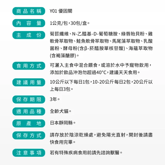 【Yakupet 優固倍】Y01優固關 3盒組90包(犬貓關節保健食品 含UCII、綠唇貽貝、葡萄糖胺、軟骨素、NMN)