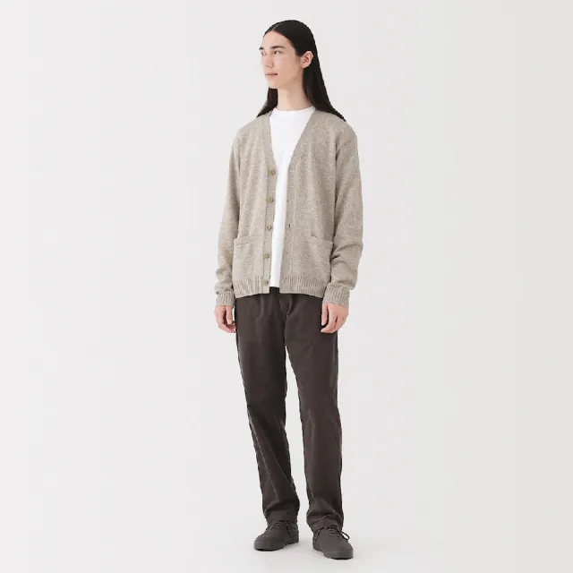 【MUJI 無印良品】男水洗羊毛中密織V領開襟衫(墨灰/黑色/粉米/卡其綠/暗藍/深摩卡棕)