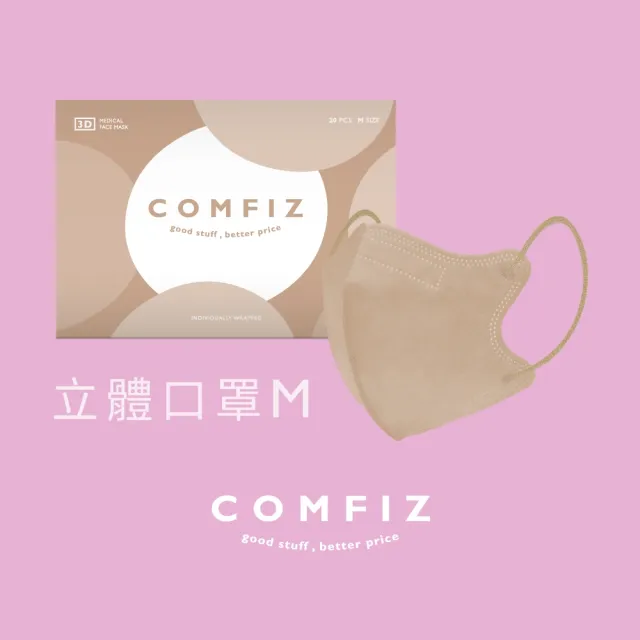【康菲COMFIZ】康菲成人3D立體醫療口罩(M無鼻樑壓條/單片包裝/高質感親膚內層少沾妝)