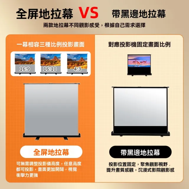 【RTAKO】免打孔地拉式投影布幕（4K金屬100吋16:9）(氣動式移動幕布/家用投影儀幕布/投影螢幕/抗光地拉幕)