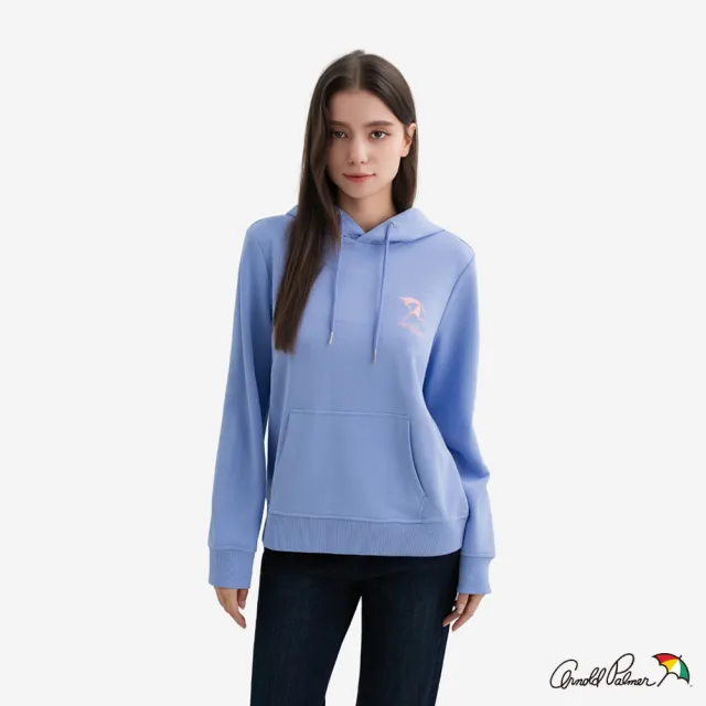 【Arnold Palmer 雨傘】女裝-刺繡傘LOGO長袖帽T(藍色)
