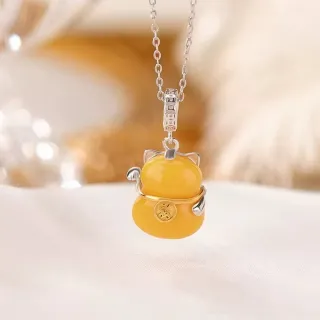 【勝弘珠寶】波羅的海金絞蜜蠟招財貓項鍊-14*12mm(蜜蠟項鍊)