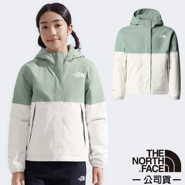 【The North Face】童/女 輕量防水透氣連帽休閒外套.防風夾克.機能性風衣(873R-DI4 頁岩青/沙丘白)