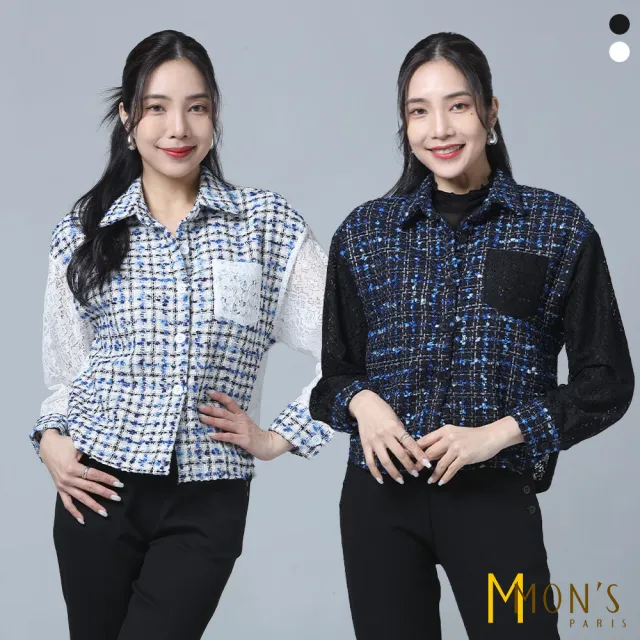 【MON’S】小香風拼接蕾絲袖上衣