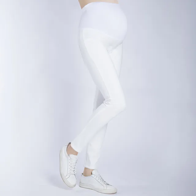 【Gennies 奇妮】修身彈力長褲-白(孕婦褲 九分褲 彈力 窄管 後雙口袋 一體成型 無痕褲頭)