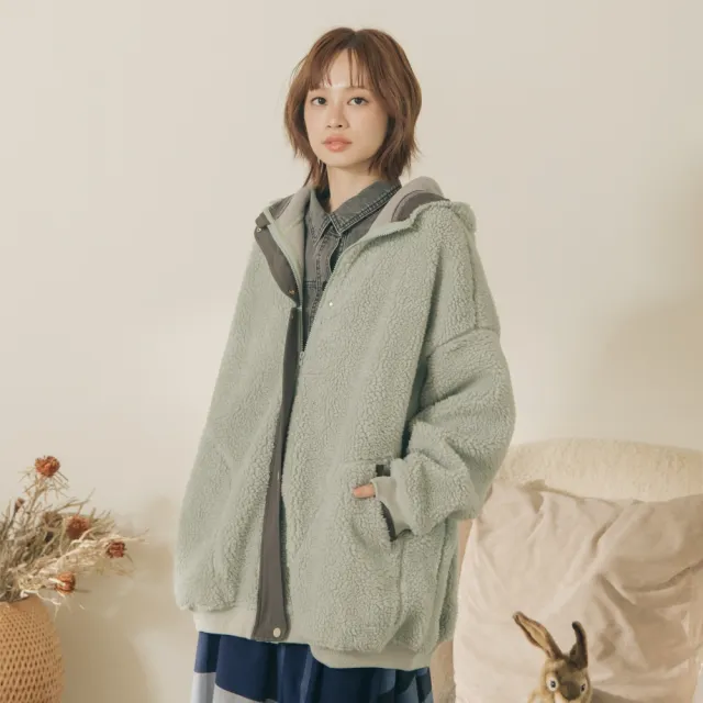 【MOSS CLUB】正方體疊疊樂繡花絨毛保暖外套(綠 米 灰/魅力商品)