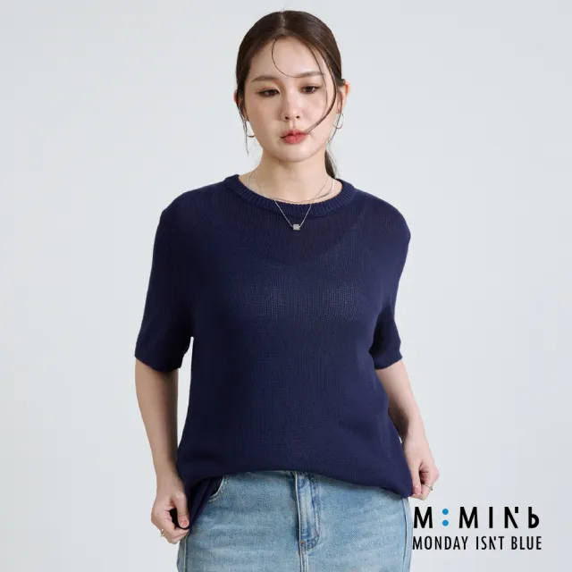 【M:MINb】顯瘦鬆弛感五分袖線衫上衣(深藍/中大尺碼女裝/大尺碼女裝/XL女裝/上衣/針織)