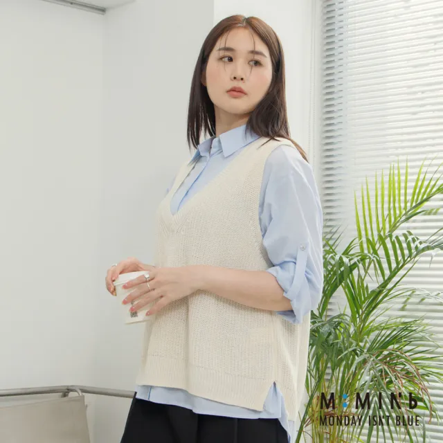 【M：MINb】極簡V領針織背心(米白/中大尺碼女裝/大尺碼女裝/XL女裝/大尺碼上衣/背心)