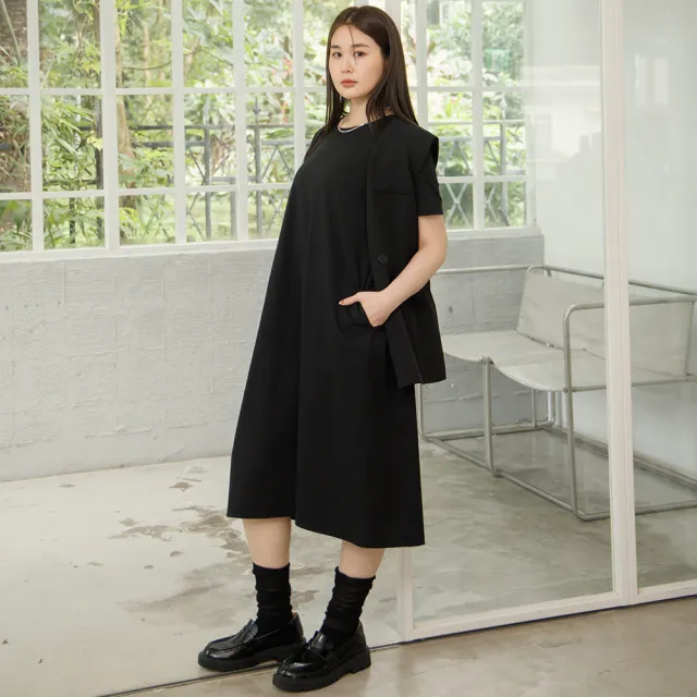 【M：MINb】極簡側口袋H型連身洋裝(黑色/中大尺碼女裝/大尺碼女裝/XL女裝/大尺碼洋裝)
