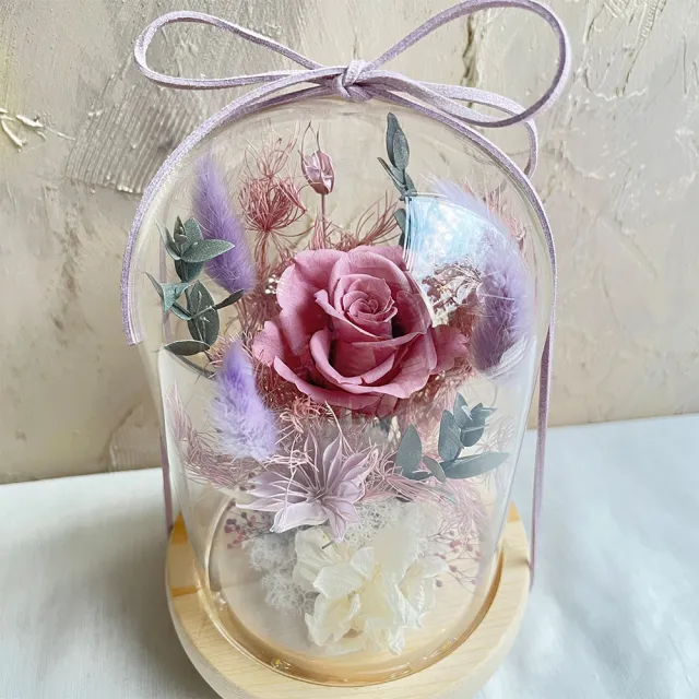 【OSTARA FLORIST 奧斯塔拉花藝】莫蘭迪紫永生玫瑰玻璃罩(永生花、玫瑰花、情人節、母親節、生日)