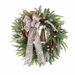 【LEZUN 樂尊】聖誕花環 松果鈴鐺門掛 鄉村風聖誕裝飾(聖誕裝飾 鈴鐺花環 掛件)