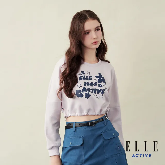 【ELLE ACTIVE】女款 1945花卉字母印花抽繩造型短版長袖上衣-淺紫色(EA25A2W1702-21)