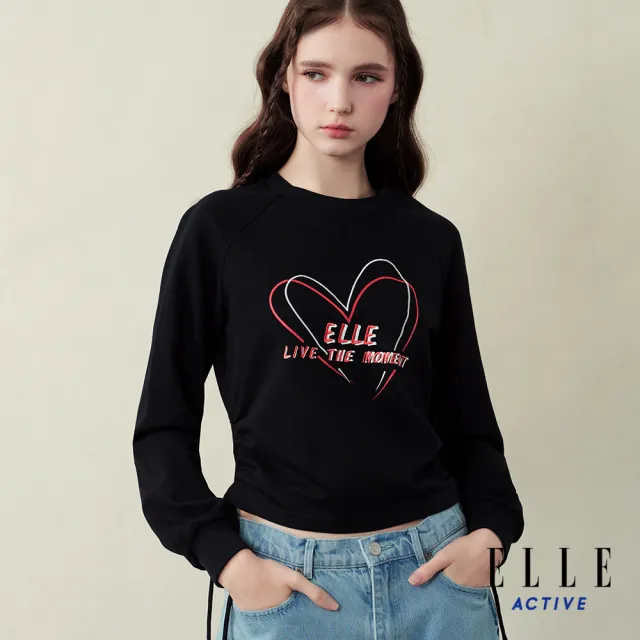 【ELLE ACTIVE】女款 愛心印花側抽繩設計長袖上衣-黑色(EA25A2W1408-99)