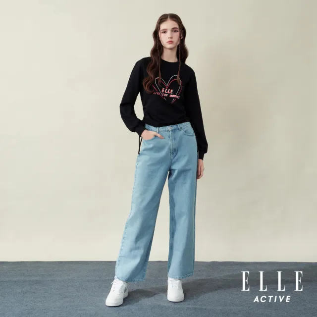 【ELLE ACTIVE】女款 愛心印花側抽繩設計長袖上衣-黑色(EA25A2W1408-99)