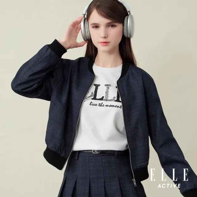 【ELLE ACTIVE】女款 都會輕雅短版格紋飛行夾克外套-藍色(EA25A2W6104-35)