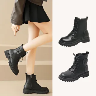 【SOFE MORE】黑色短靴 拉鍊短靴 馬丁短靴 短靴女 圓頭舒適支撐 側拉鍊靴子(黑色短靴)