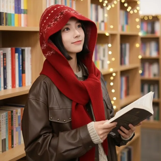 【HaNA 梨花】森系物語something warm・含羊毛復古圖騰長版連帽針織披肩(披肩 羊毛 圖騰 圍巾)