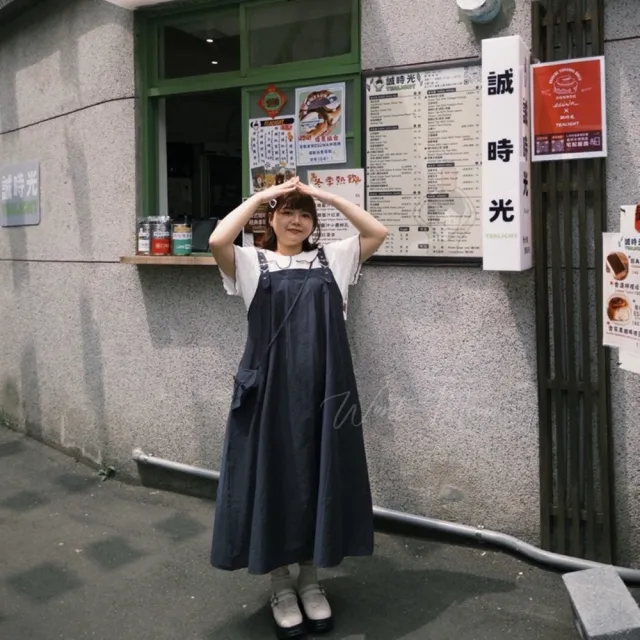 【Want-Meow】95公斤可穿/日系簡約寬鬆肩帶可調洋裝百搭吊帶裙(大碼/大尺碼/加大碼/孕婦裝/吊帶洋裝)