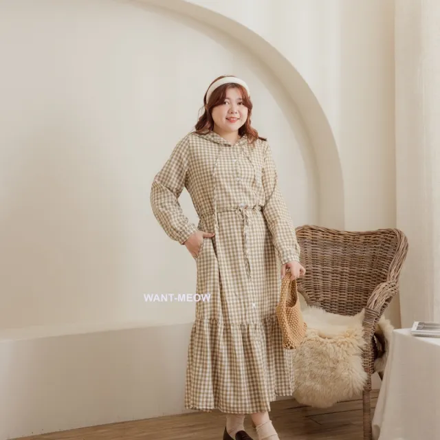 【Want-Meow】70公斤可穿//韓系長袖連帽棉麻格紋洋裝(大碼/大尺碼/加大碼/長袖長洋裝)