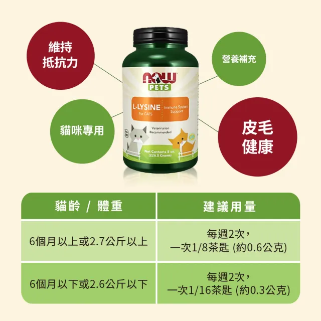 【NOW Foods】寵物貓用左旋離胺酸粉1瓶(226.8公克-/美國獸醫師專業推薦 /皮毛健康)