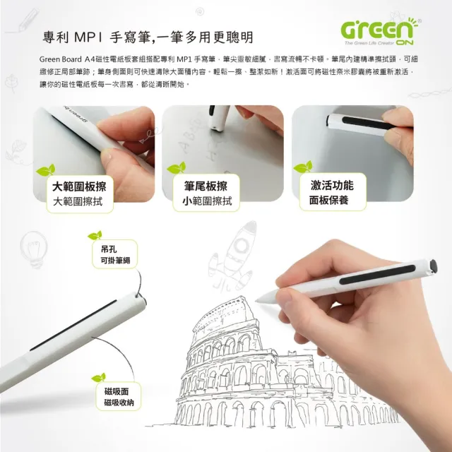【Green Board 】A4磁性電紙板 MTA4進階收納 電紙板+手寫筆+棕色皮革夾組(MIT雙專利設計 輕薄大尺寸)