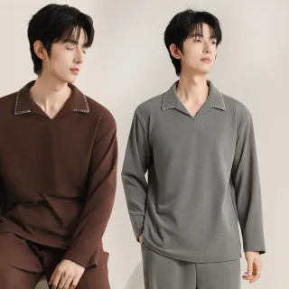 【Chic Chic 琪琪】1套組-男士德絨簡約純色V領居家服(發熱睡衣/長袖睡衣/雙面德絨/保暖居家服/男睡衣)