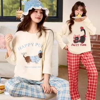 【Kosmiya】1套 厚羊毛絨保暖 格子小寵長袖睡衣/女睡衣/居家服/睡衣套裝/保暖睡衣(3色可選/均碼/加大碼)