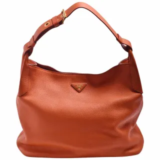 【PRADA 普拉達】經典金色品牌三角LOGO鐵牌牛皮肩背包(展示品-橘色 BR5040-ORG)