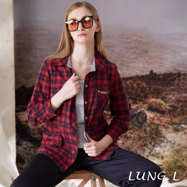 【LUNG.L 林佳樺】LU28C 法式質感紅藍格紋長袖女裝襯衫外搭(秋冬新品 加大尺碼 保暖)