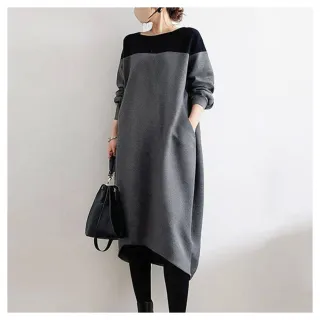 【初色】日系寬鬆垂墜撞色拼接圓領長袖上衣連衣裙連身洋裝長裙-共2色-17620(M/L可選)
