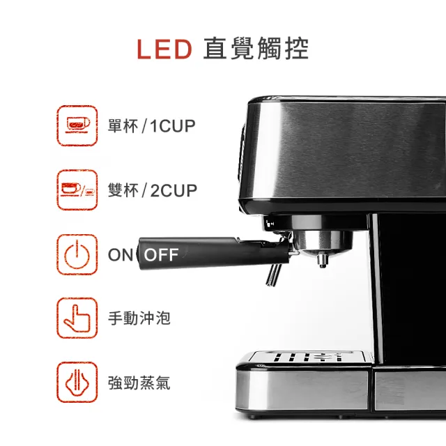 【HERAN 禾聯】LED微電腦觸控半自動義式咖啡機(HCM-15XBE10)+Nespresso膠囊咖啡專用手柄(智能電子式顯示)