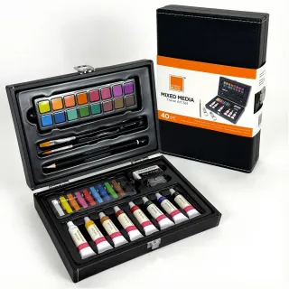 【COLOUR BLOCK】40PC 質感皮革繪畫套組 4種媒材粉餅水彩 壓克力顏料 粉彩 鉛筆(聖誕禮物首選 交換禮物)