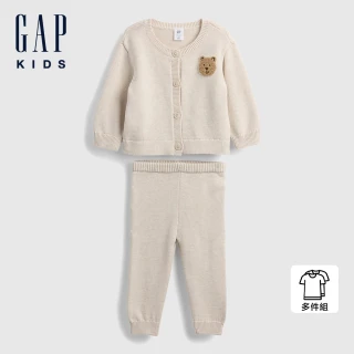 【GAP】嬰兒裝 純棉小熊刺繡圓領長袖長褲針織家居套裝-米色(845632)