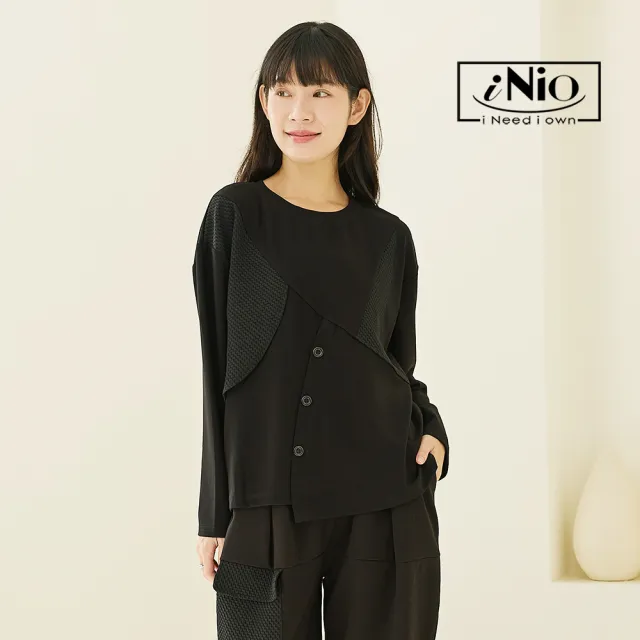 【iNio 衣著美學】立體拼接顯瘦修身長袖上衣 斜式拼接剪裁 圓領長袖棉T(CEW1836)