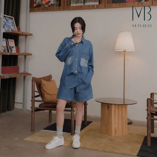 【MO-BO】拼色寬鬆牛仔短褲