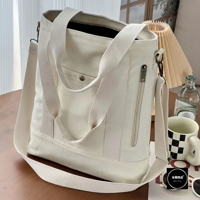 【米蘭精品】現貨+預購 手提包帆布肩背包托特包側背包單肩包隨身女包(多口袋通勤加厚4色74jn26)