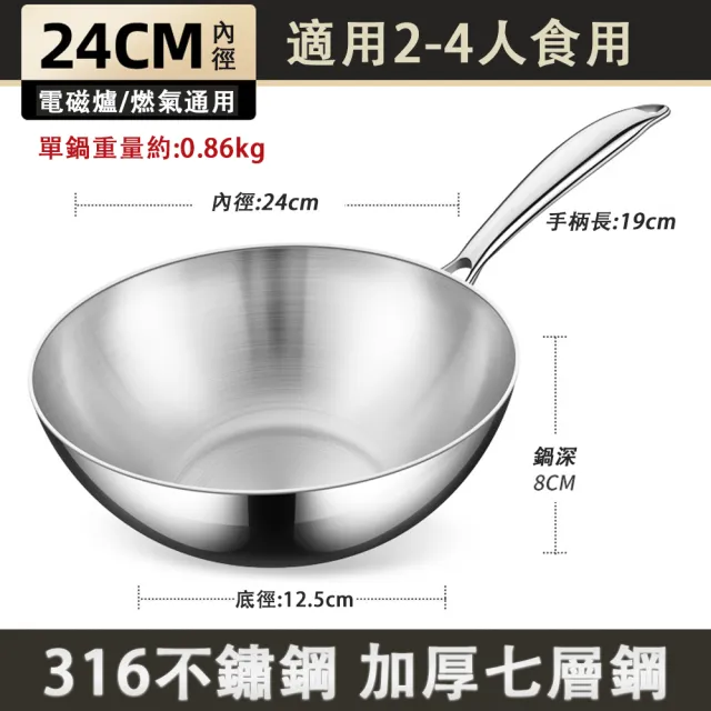【鏗鏘】316不鏽鋼炒鍋 加厚七層鋼煎炒鍋 不粘小炒鍋(無塗層煎鍋 加厚無蓋 明火電磁爐通用 24cm炒菜鍋)