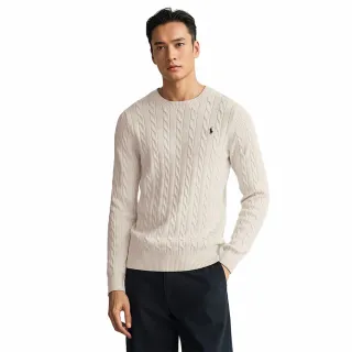 【RALPH LAUREN】RL POLO 經典圓領刺繡小馬純棉麻花針織毛衣 上衣-杏色(平輸品)