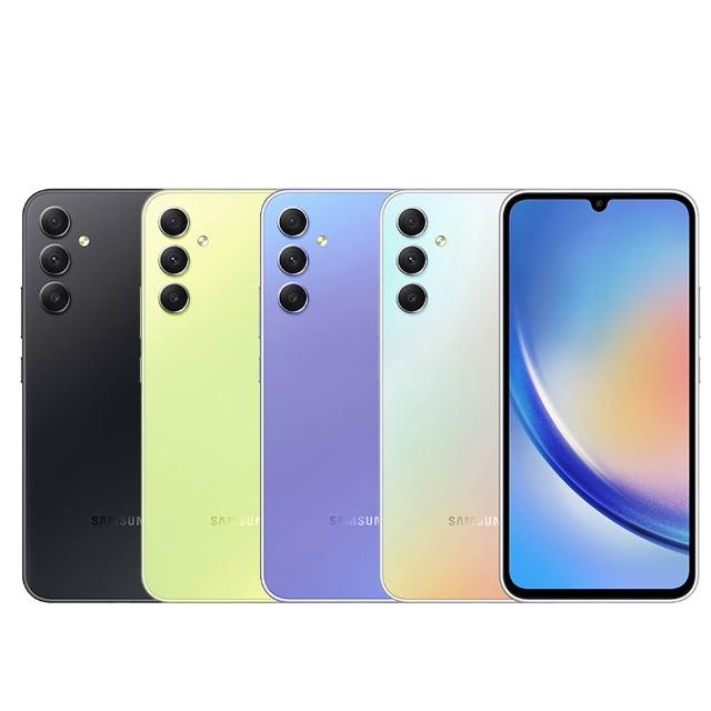 三星 Galaxy A34 5G 智慧型手機，搭載聯發科處理器、6GB RAM 與 128GB 儲存空間，6.6 吋水滴屏解析度高達 FHD+，4800 萬畫素主鏡頭支援廣角與夜拍功能，內建 5000mAh 大容量電池搭配快充，支援 AI 辨識、NFC 與美拍美顏，雙 5G SIM 卡雙待設計，適合日常使用與娛樂。提供黑色、綠色、紫色、銀色選擇，保固 180 天，配件含手機、充電線與取卡針。