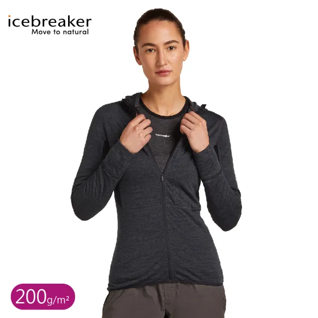 【Icebreaker】女 DESCENDER RealFleece刷毛保暖連帽外套《深灰/黑》BA56YN/薄外套/運動夾克