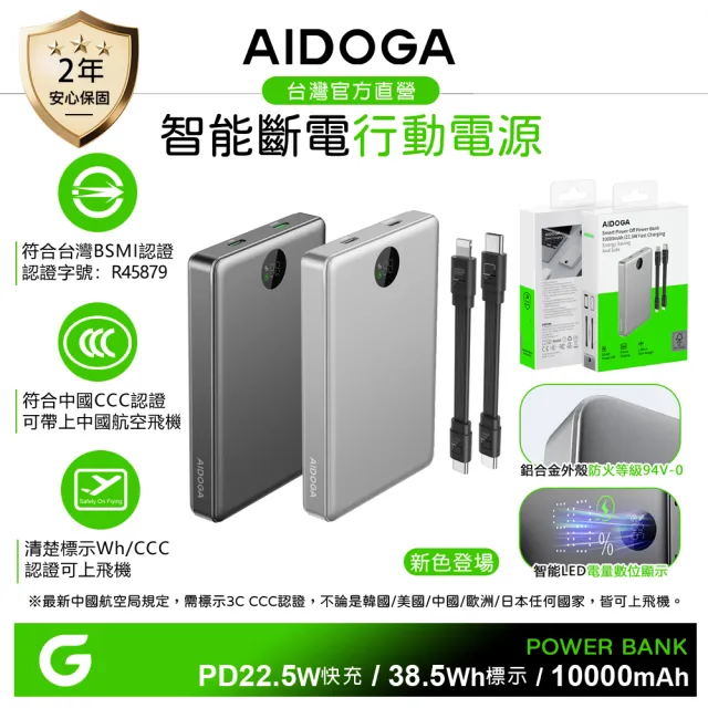 【AIDOGA】10000mAh 可上飛機 智能斷電行動電源 38.5Wh PD充電線雙向快充(BSMI/中國CCC/歐美CE/FCC)