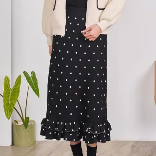 【H2O】荷葉邊下擺針織長裙(#5662102 針織裙；黑色/黑底白點)
