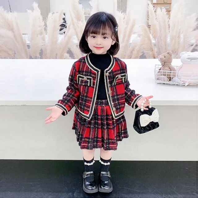 【橘魔法】學院風黑紅格紋毛呢長袖外套+短裙 套裝(厚外套 女童 童裝 兒童 聖誕節 過年 喜宴 新年 大紅)