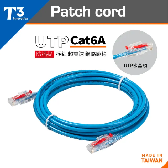 (美國T3) 網路線 30cm 防插拔  28AWG 極細超高速 CAT6A U/UTP(網路線 CAT6A UTP)