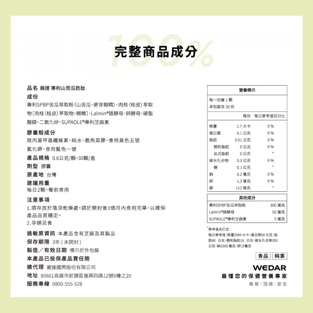 【Wedar 薇達】專利山苦瓜胜肽 6盒組(30顆/盒.超音波低溫萃取山苦瓜.美國專利肉桂.芝麻萃取)