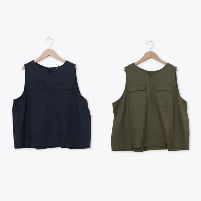 【MOSS CLUB】袋蓋口袋背後挖空活褶背心(藍 綠)