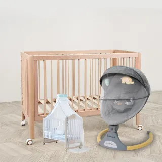 【i-Smart】無印風多功能櫸木嬰兒床+電動安撫搖籃+五段蚊帳(甜睡3件組｜成長床｜斜躺搖籃｜電動搖椅)