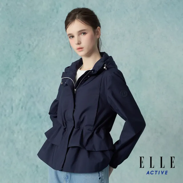 【ELLE ACTIVE】女款 防風防潑水荷葉層次連帽外套-深藍色(EA25A1W6105-39)
