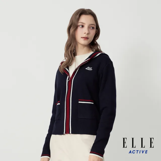 【ELLE ACTIVE】女款 法式學院風連帽針織外套-深藍色(EA25A1W5504-39)